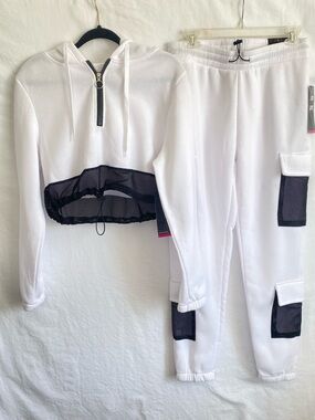 NWT Love Love Love White Tracksuit Set with Black Mesh Accents - Size Large